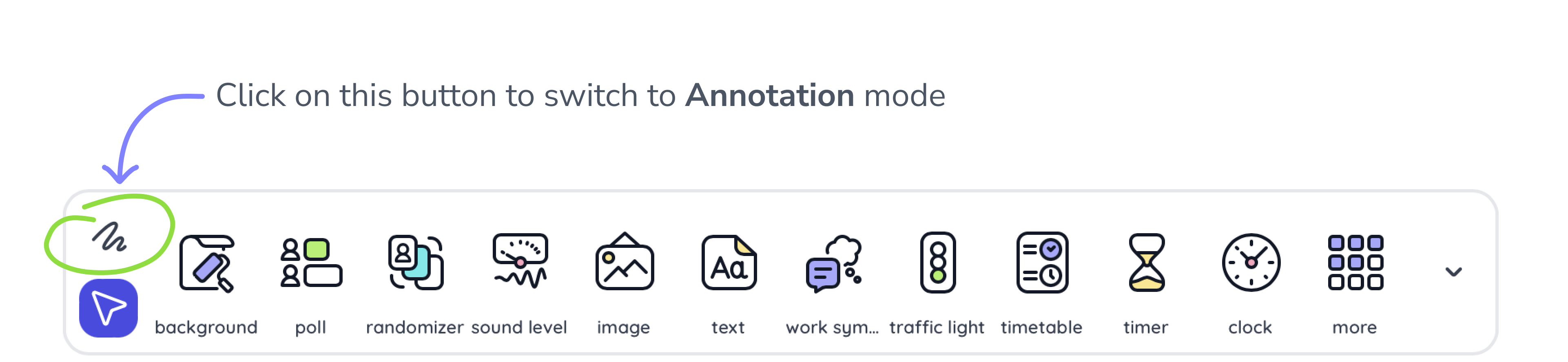 An image that demonstrates how to access the Annotation bar in Classroomscreen