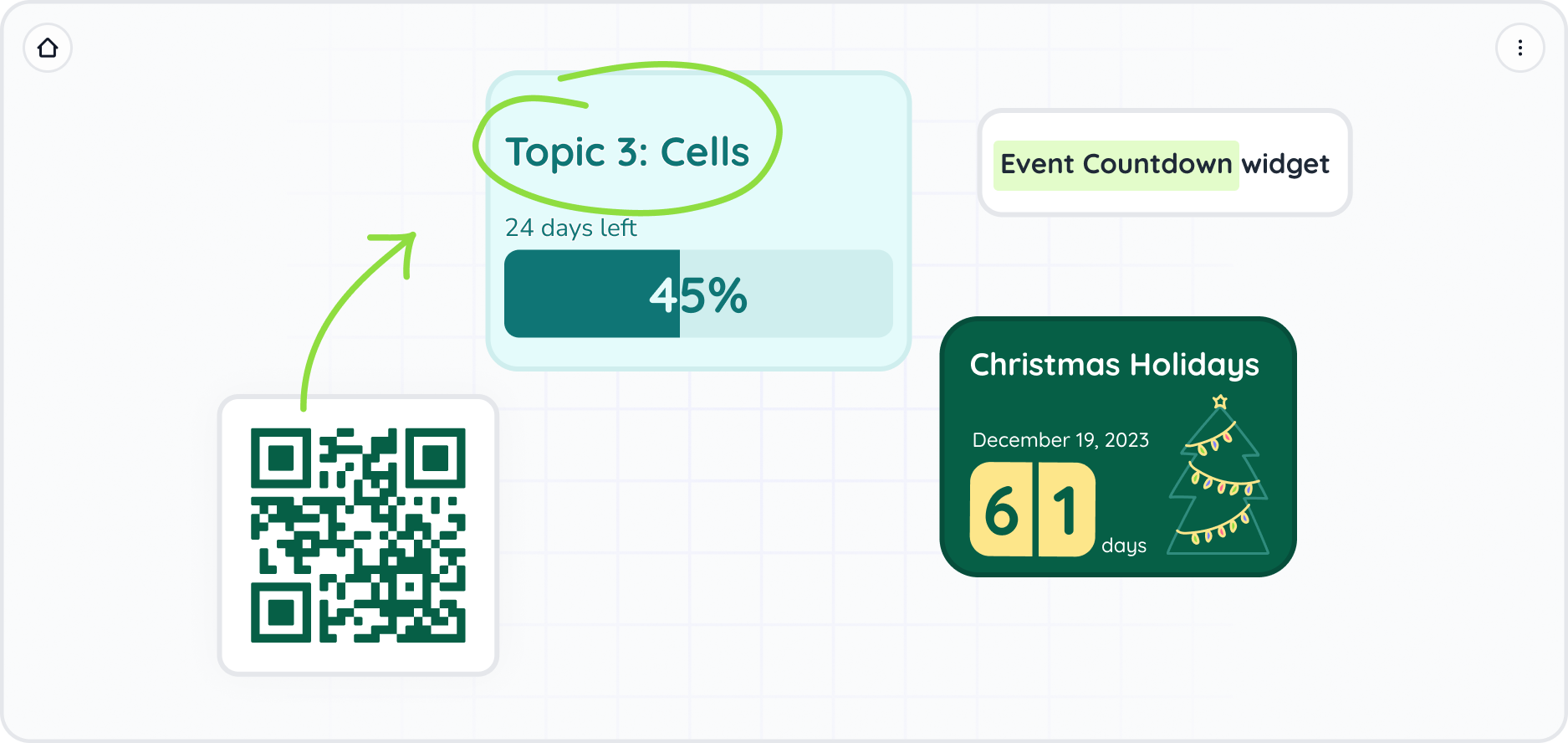 This image shows all the possibilities with our Event Countdown widget, including counting down to the Christmas Holidays and using it to show progress through topics