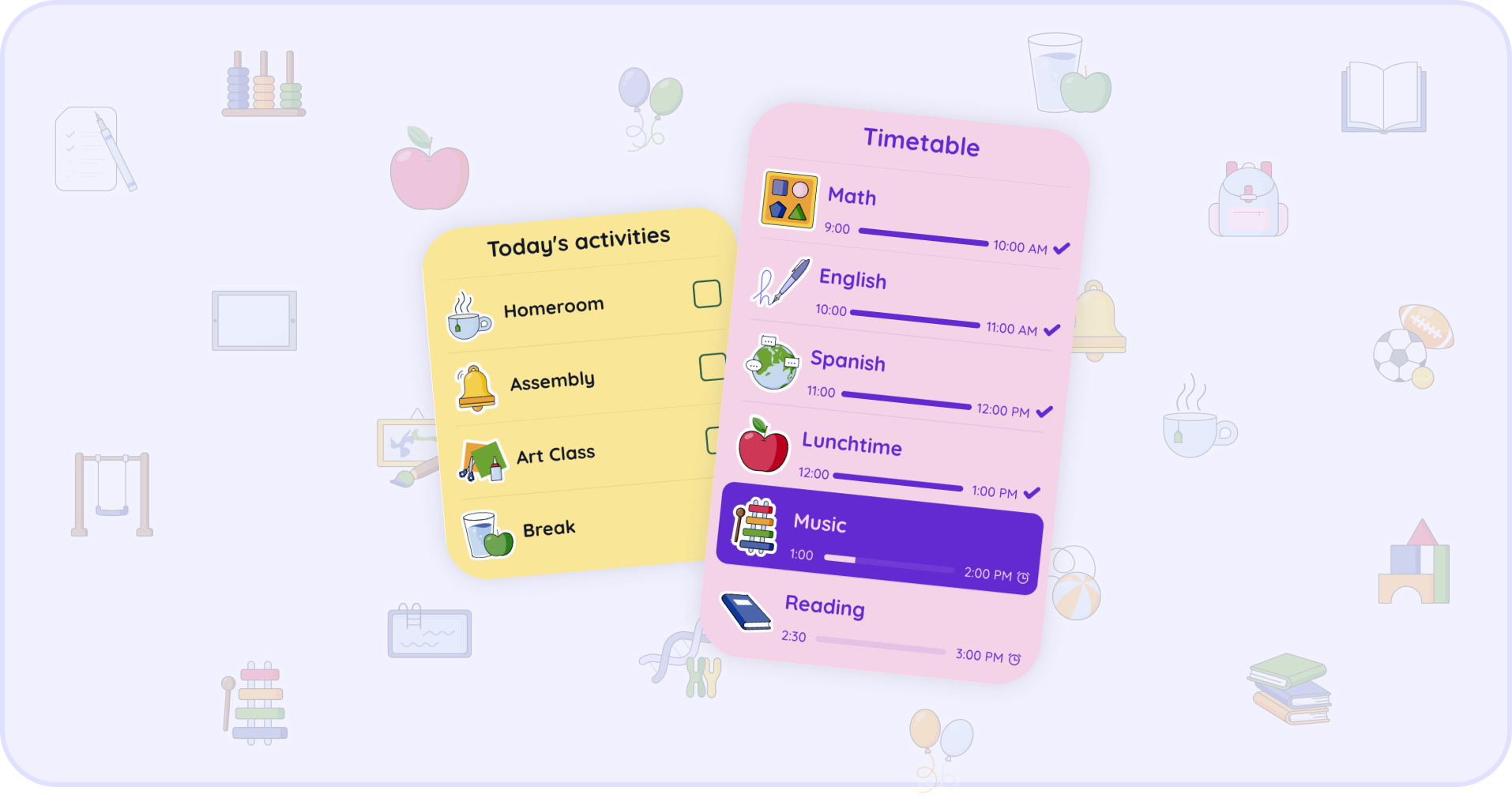 This image shows the new Timetable widget available on Classroomscreen, as well as some of the icons available for use within the widget.