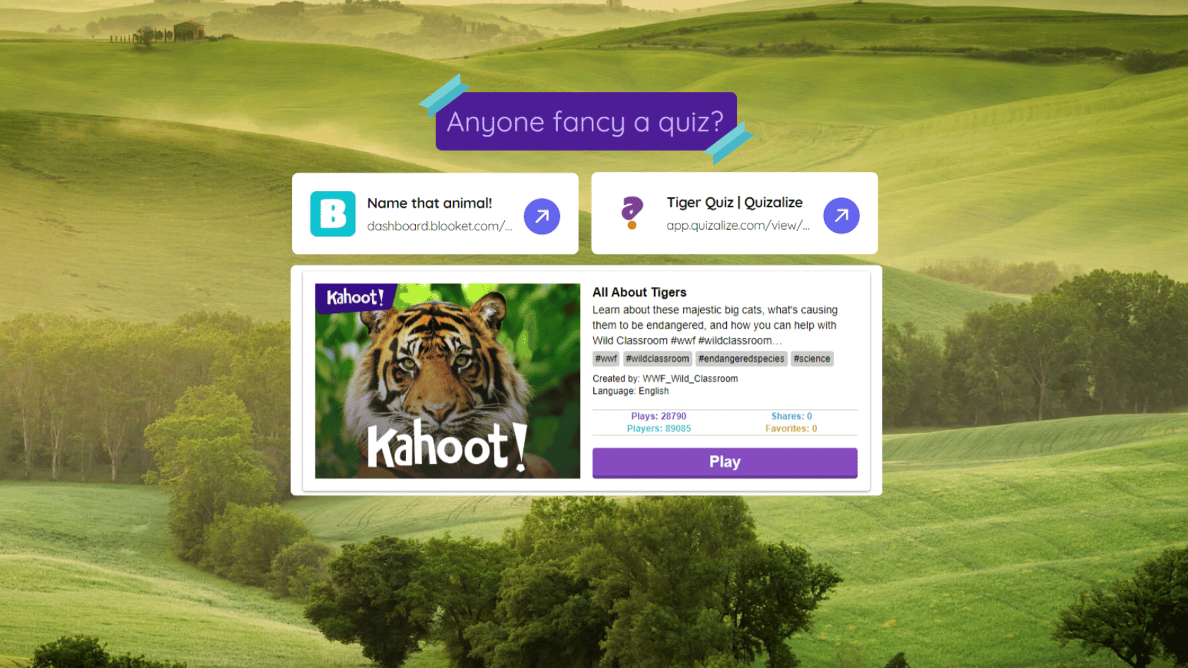 This visual shows a Classroomscreen with Kahoot, Quizalize and Blooket, along with a few widgets and stickers.