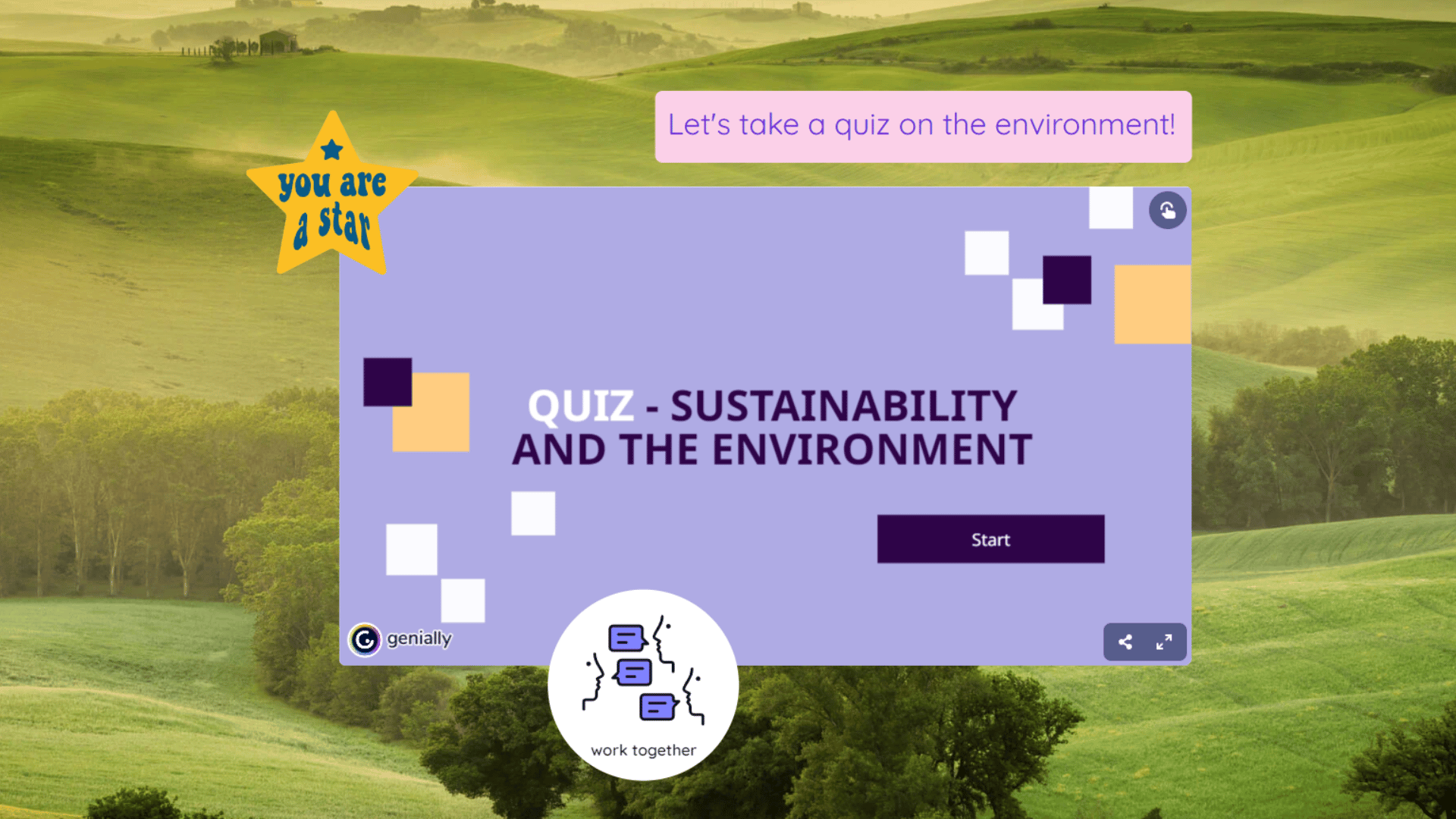 This visual shows a quiz on the environment from Genially with other widgets.