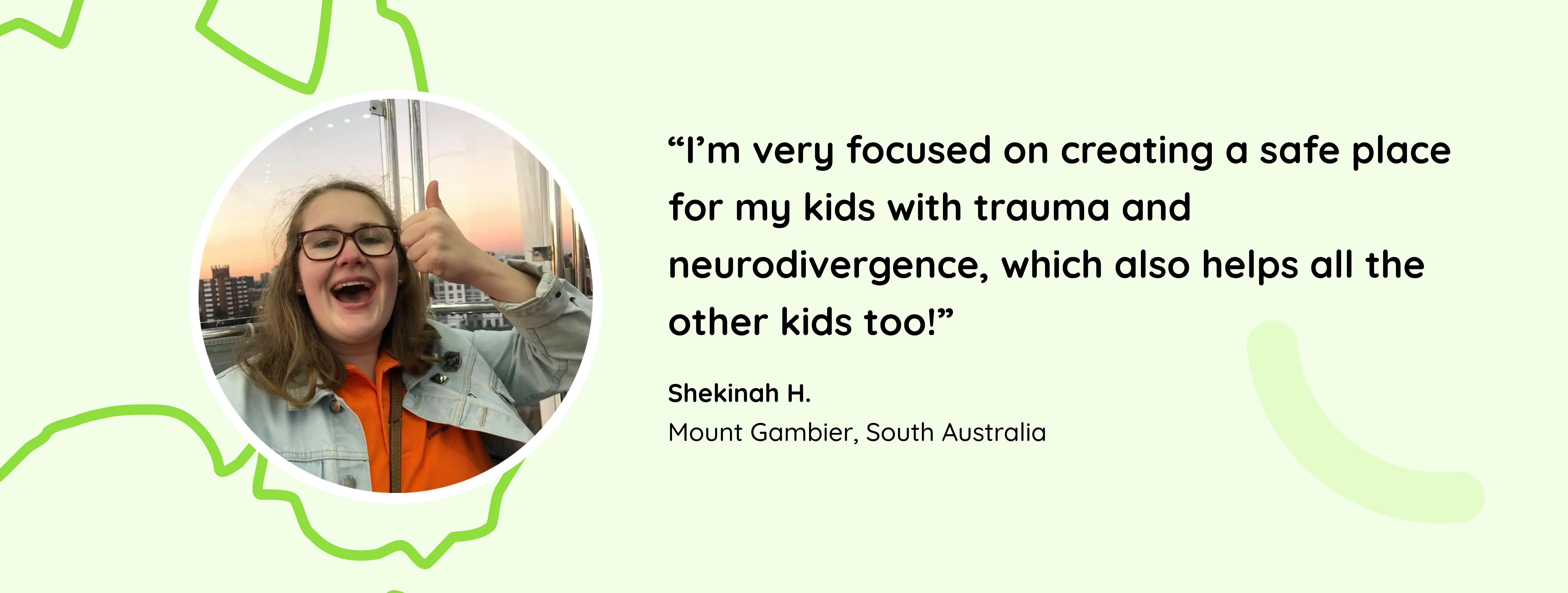 This visual shows Shekinah, who is a teacher from South Australia, sharing how Classroomscreen helps her teach students with neurodivergence/trauma.