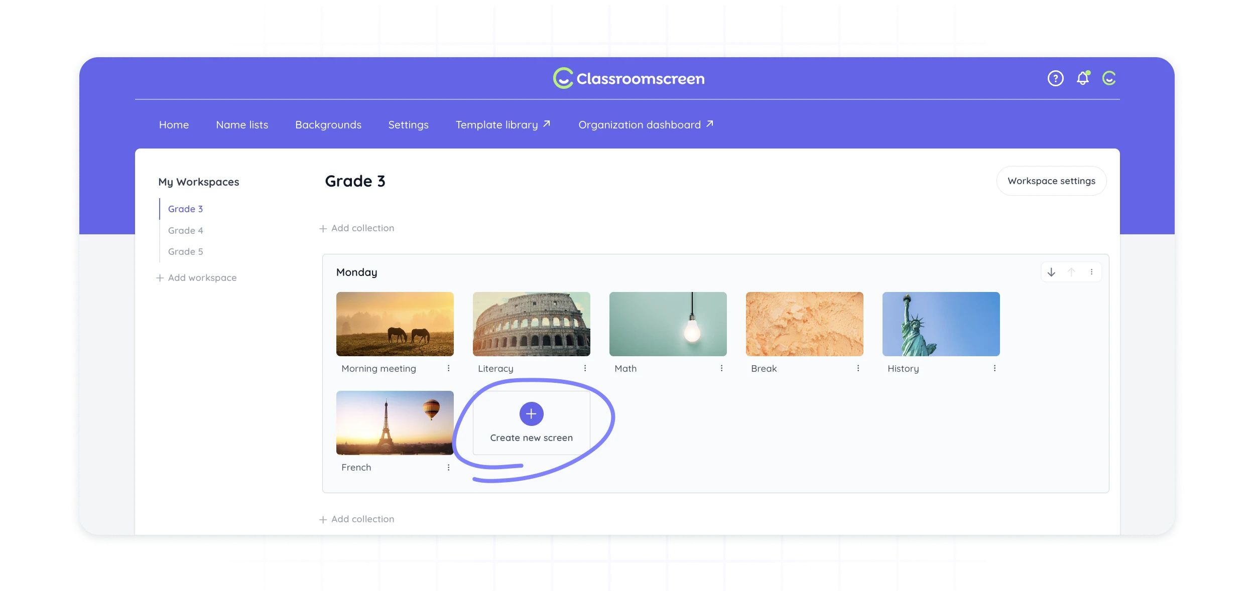 Image showing how to create a new screen using the Plus button and open it by clicking its schematic thumbnail. Screens are organized into collections with options to sort, duplicate, delete, or rename them.