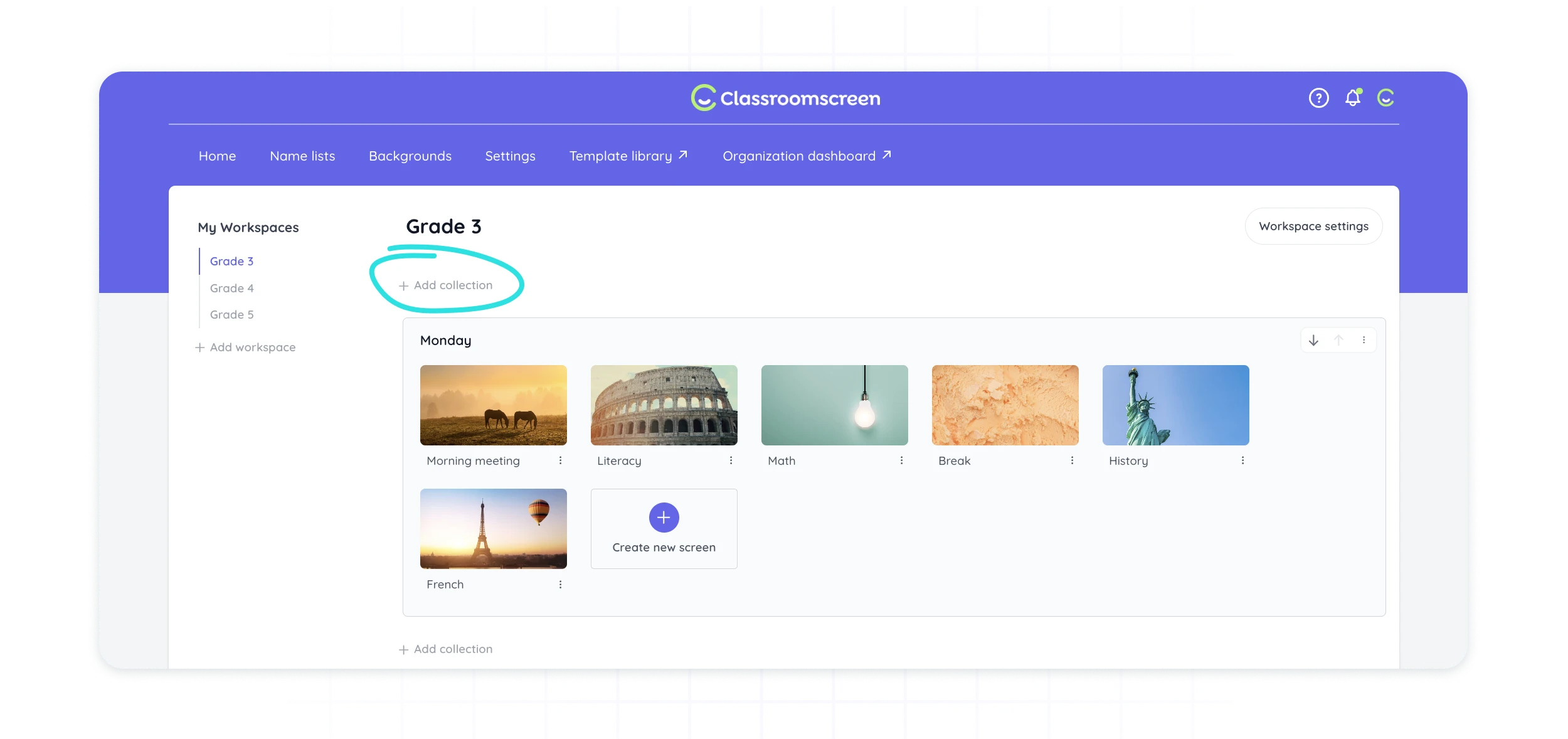 This image shows how you can create a new collection by pressing the “+ Add collection” button.
