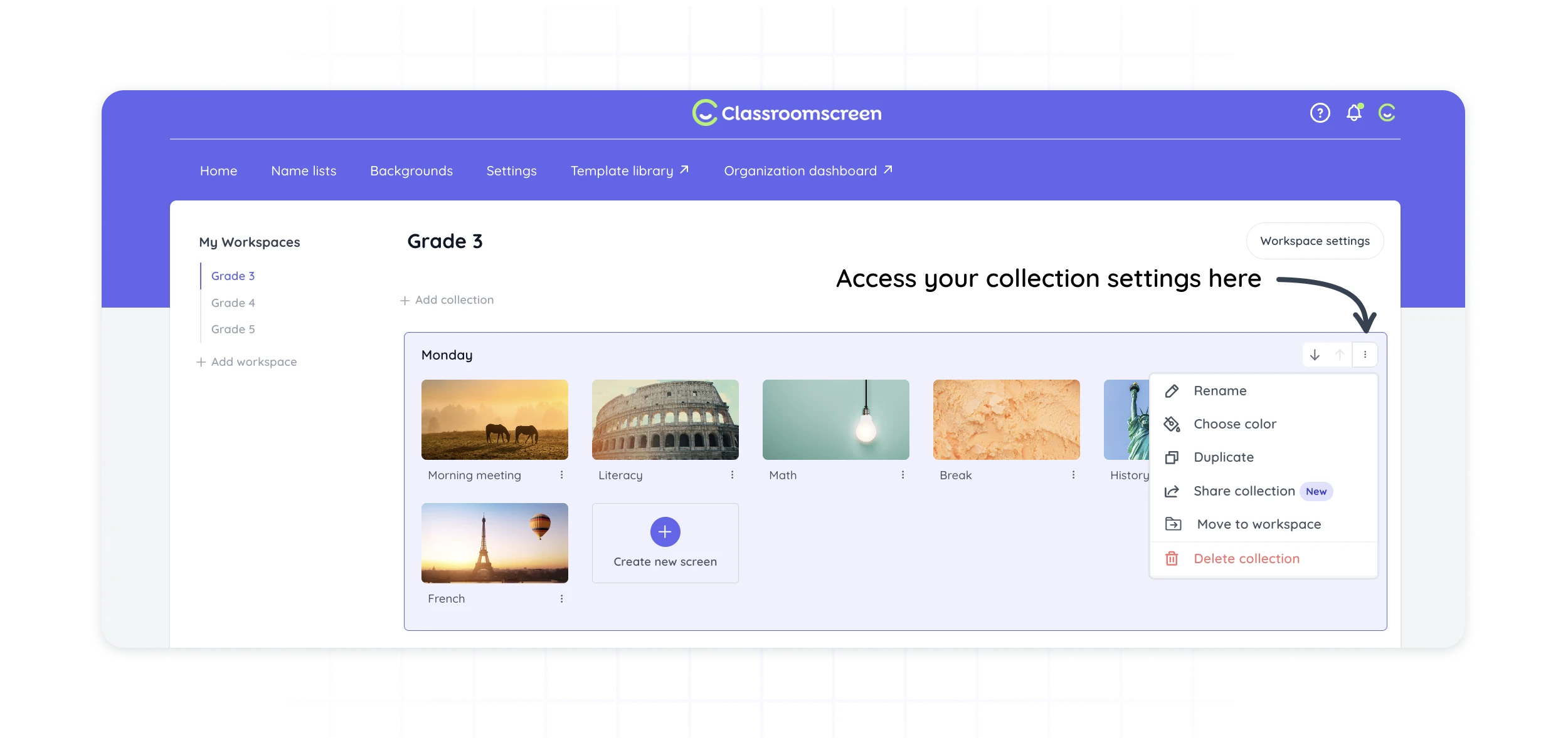 This image shows how you can access your collection settings in your Dashboard.