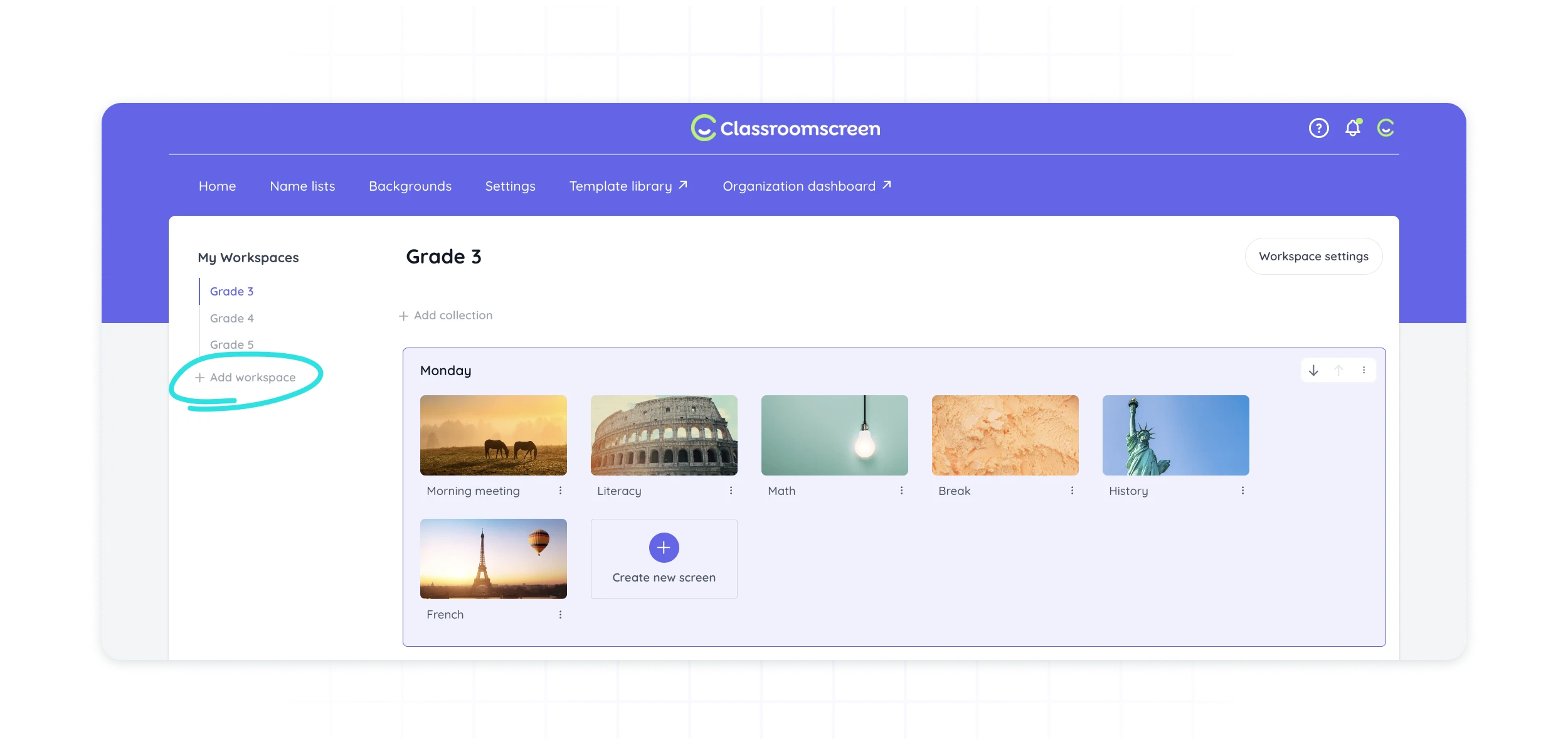 Image showing how to add a new Workspace to your dashboard.