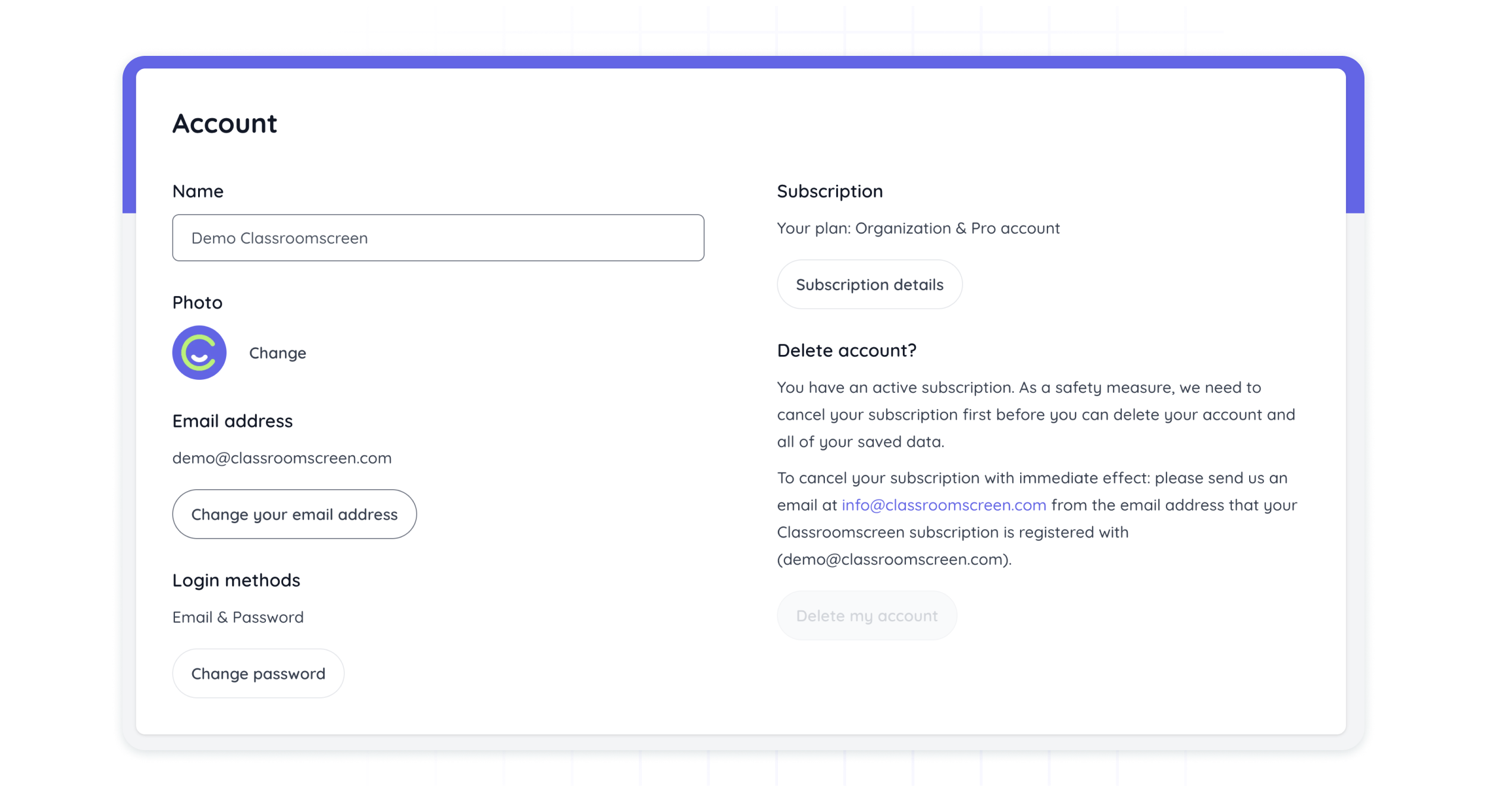 Editing your account details in the Classroomscreen Dashboard