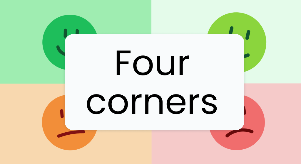 Thumbnail image of a colorful classroom screen labeled “Four Corners Game.” Four corners show four different emotive options. Ideal for icebreakers and discussions.