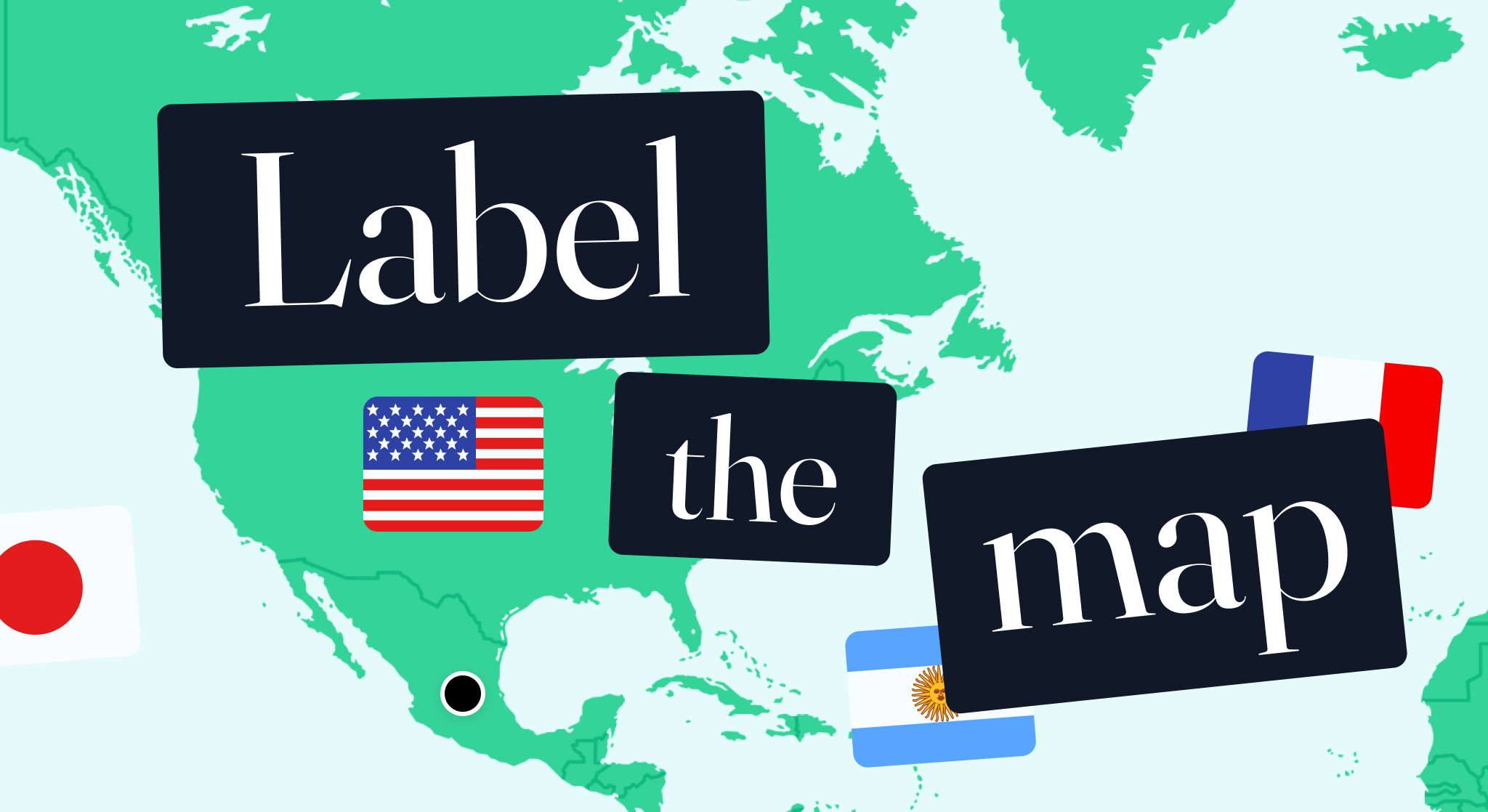 Thumbnail image of a world map with country name tags arranged around it and a visible colorful flag sticker sheet. The map shows continents and oceans with labeled countries ready for dragging.