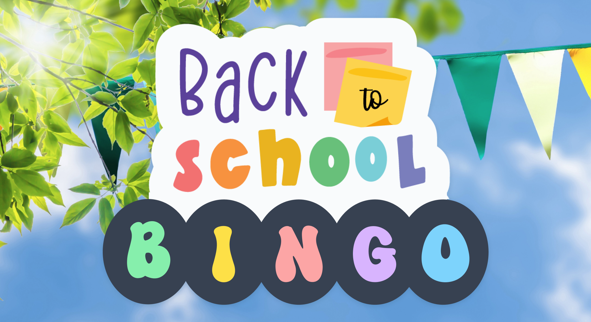Thumbnail image featuring the title “Back to School Bingo” displayed prominently over a colorful summer bunting background with festive triangular flags.