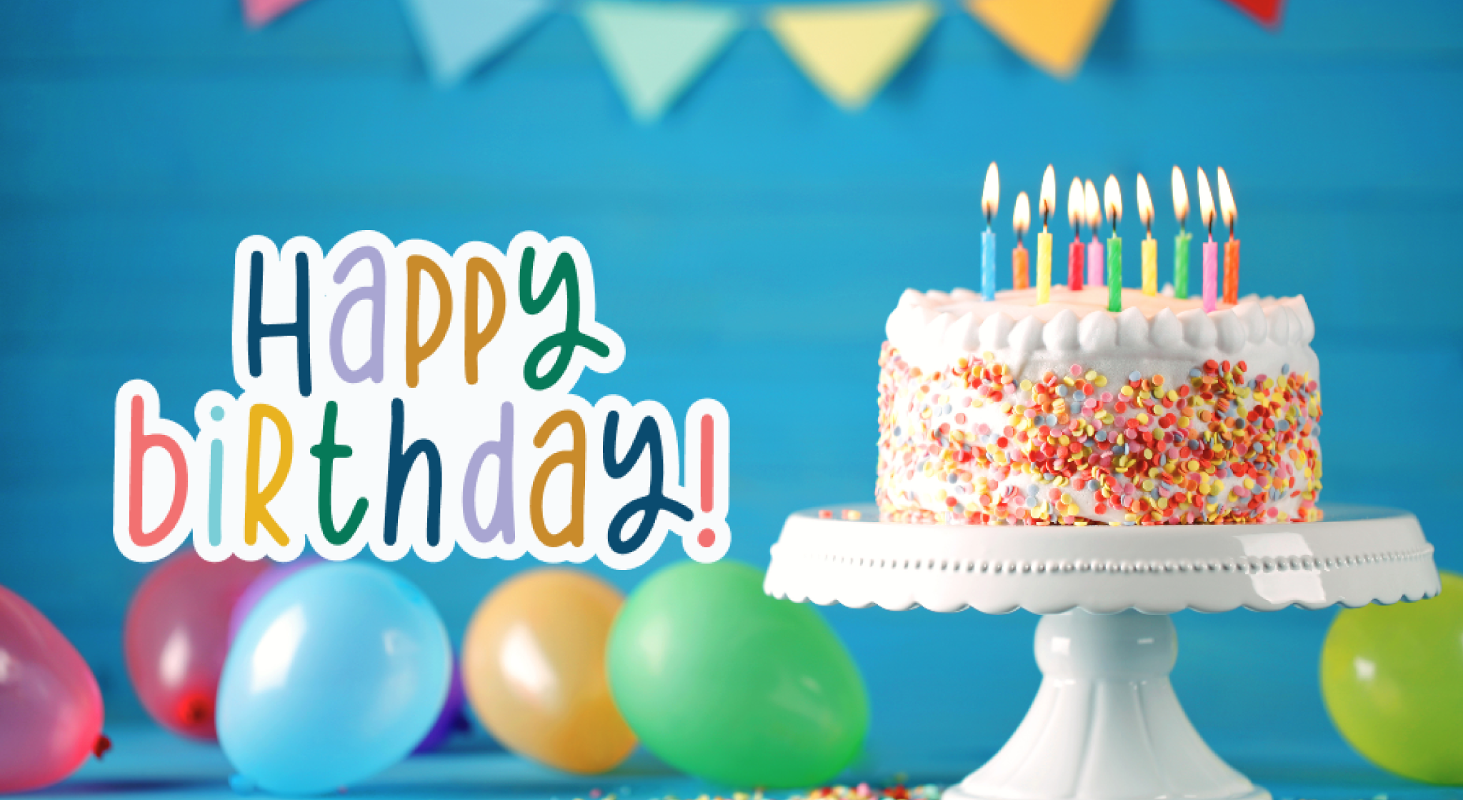 Happy Birthday! – title over a bright classroom scene with balloons, music icons, and editable name sticker