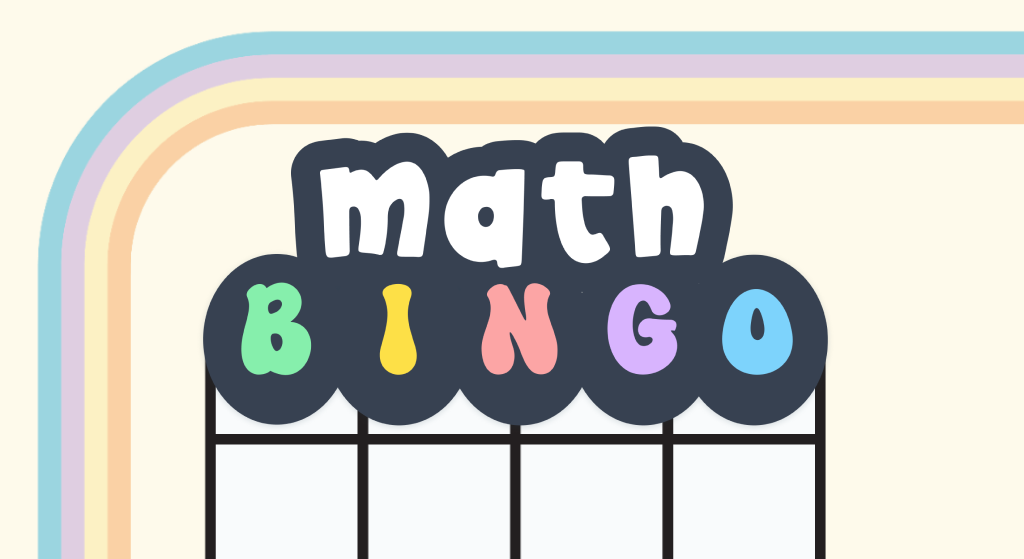 Colorful Math Bingo template screen with interactive dice and spinner for generating math problems