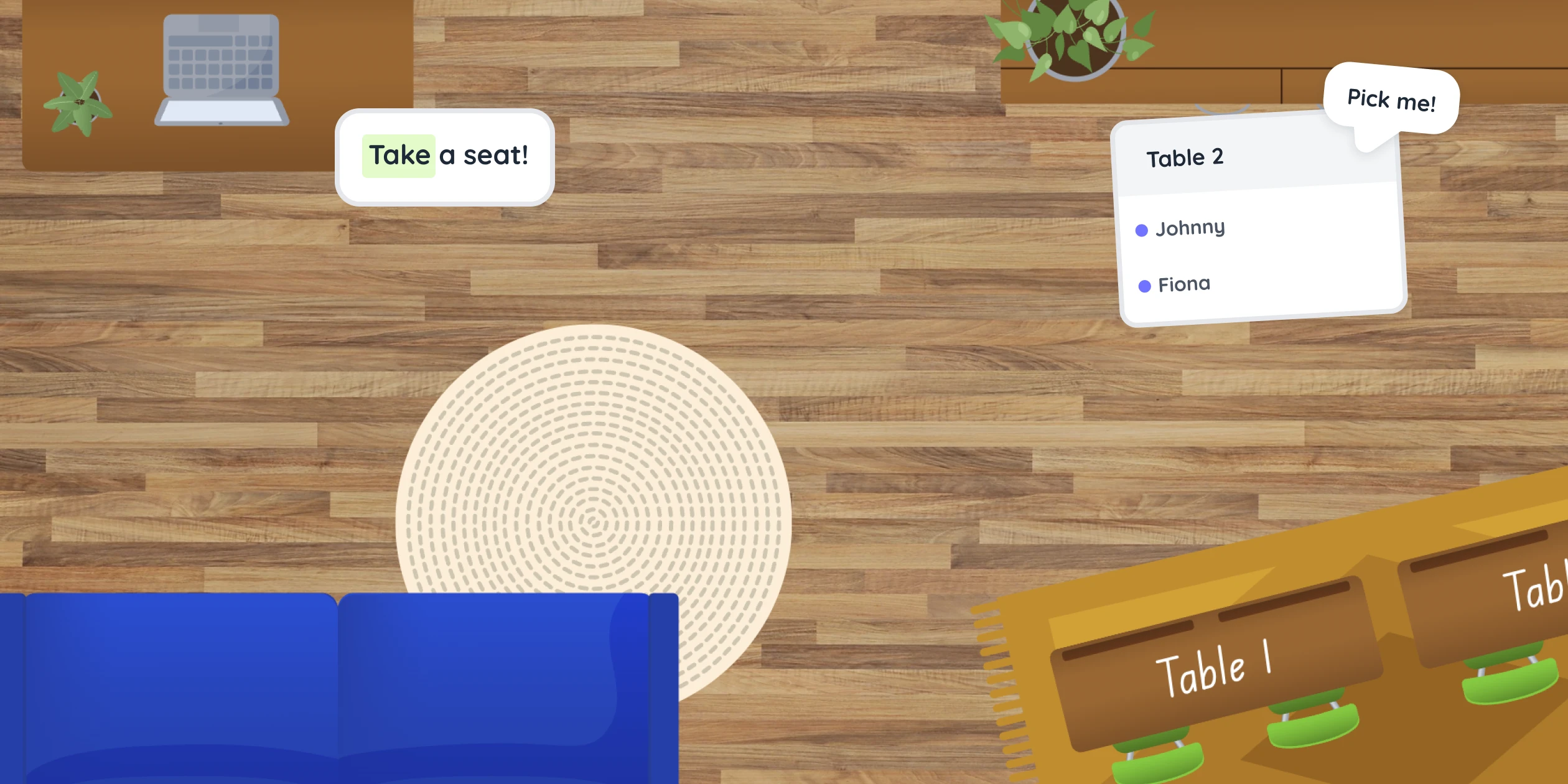 Thumbnail preview of the Seating Chart Maker template on Classroomscreen, showing colorful classroom layouts with tables, student name labels, and seating stickers for visual seating plans.