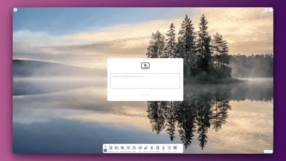 GIF showing step-by-step how to copy a YouTube video URL and paste it into the Classroomscreen Video widget for classroom playback.