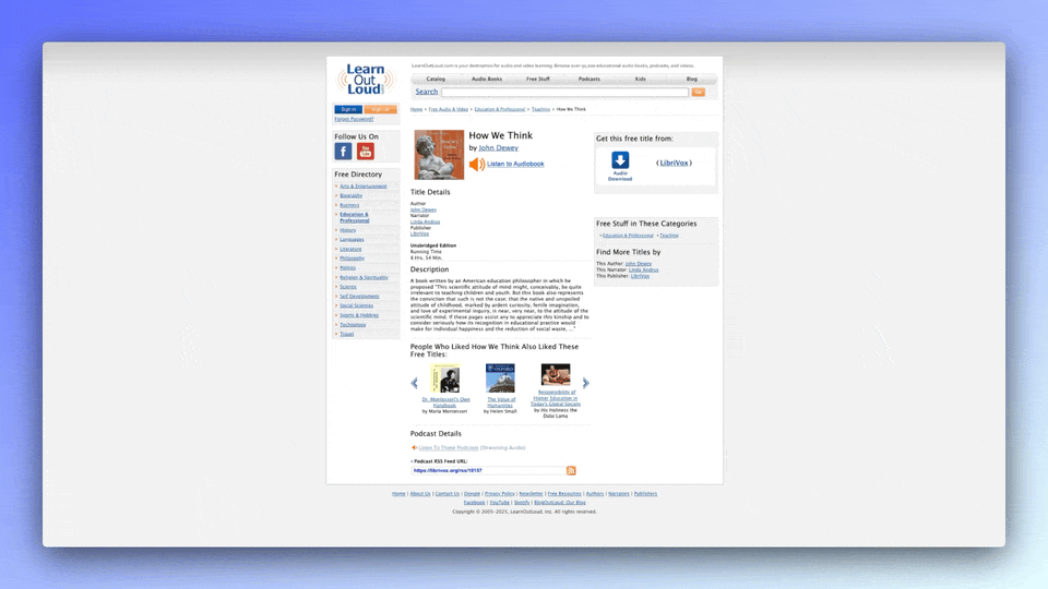 GIF illustrating how to select a free audiobook on LearnOutLoud.com, generate an iframe, and embed it in Classroomscreen.
