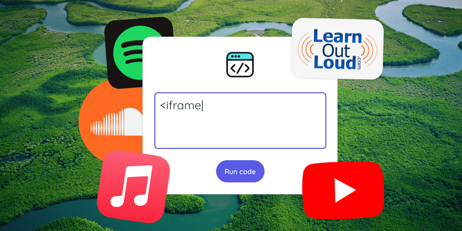 Classroomscreen Embed widget surrounded by logos of YouTube, Spotify, Apple Music, SoundCloud, and LearnOutLoud.