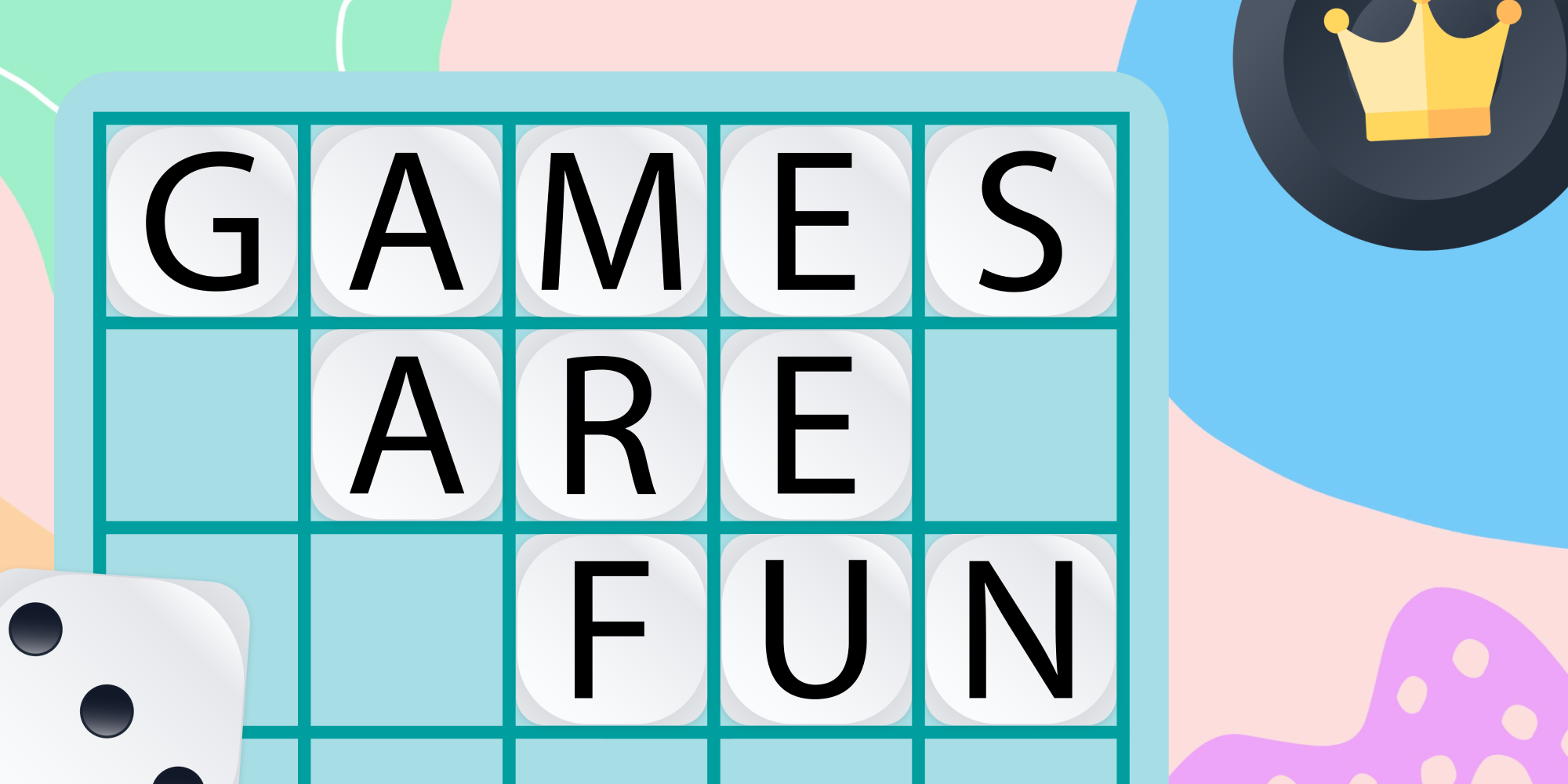 Classroomscreen thumbnail showing Boggle-style letter tiles spelling ‘GAMES ARE FUN’ on a colorful, playful background, representing interactive classroom activities.