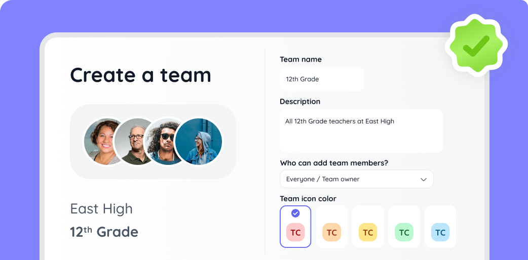 A digital interface for creating a team, showing profile photos, team name “12th Grade,” description, member options, and icon color choices.