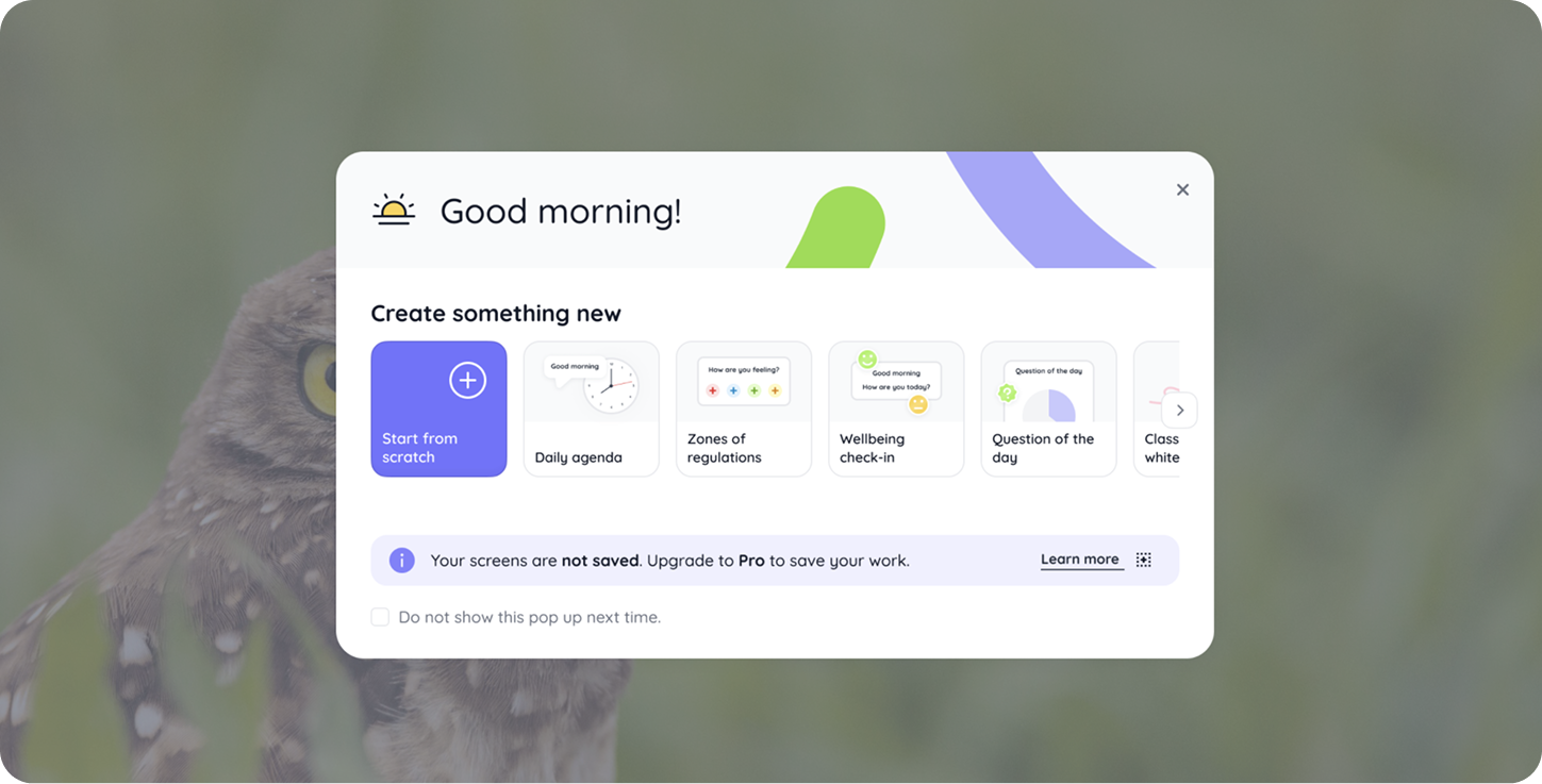 This screenshot shows the new welcome message you will see when entering Classroomscreen without an account.
