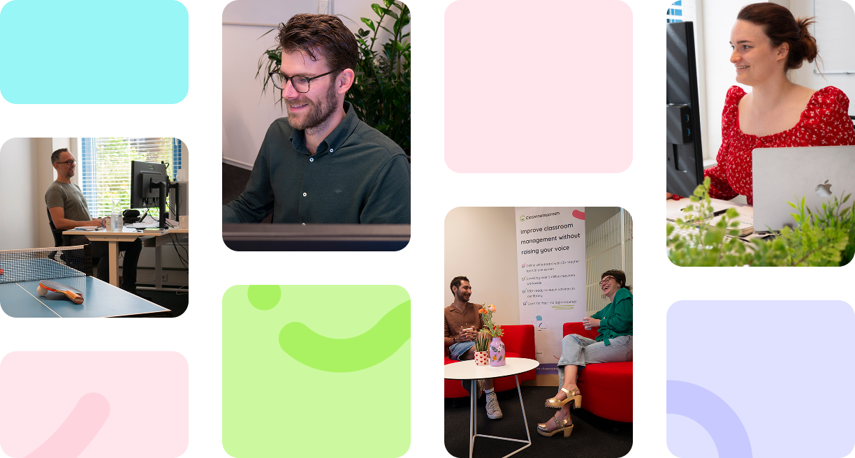 Collage of office scenes showing people working on laptops, discussing in small groups, and a desk with a mug and notebooks.