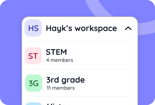 A digital interface displays Hayk's workspace with group options: STEM (4 members), 3rd grade (11 members), and others, against a purple background.