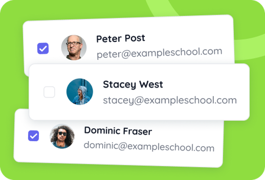 Three profile cards display names, photos, and email addresses for Peter Post, Stacey West, and Dominic Fraser, with selection checkboxes next to each name on a green background.