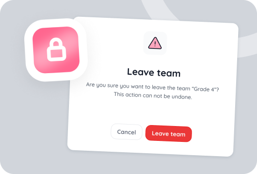 A pop-up message asks if the user wants to leave the Grade 4 team, warning the action cannot be undone, with Cancel and Leave team buttons.