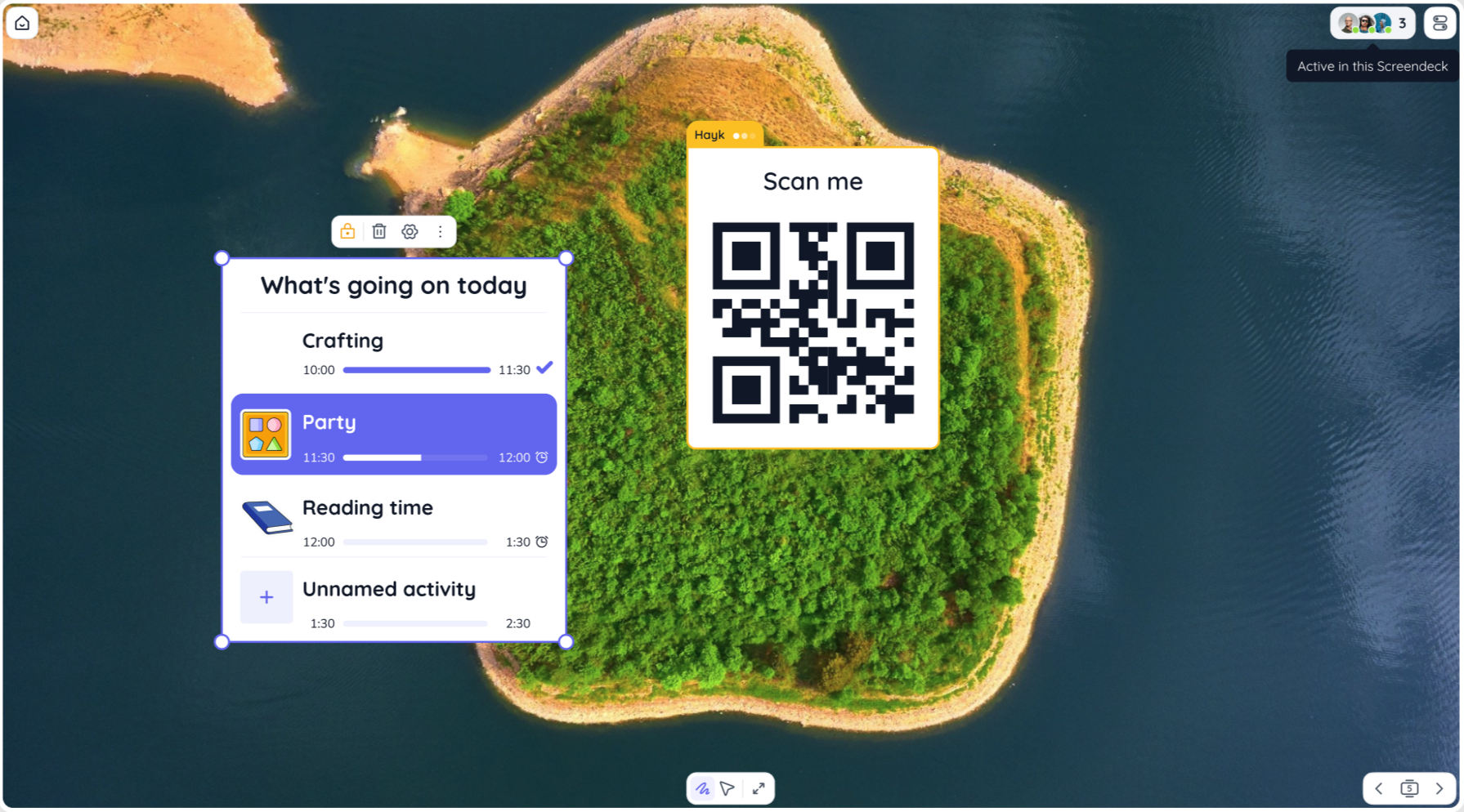 A visual of Classroomscreen with a Timetable widget and a QR code, showing 3 teachers active in the screen deck at this time.