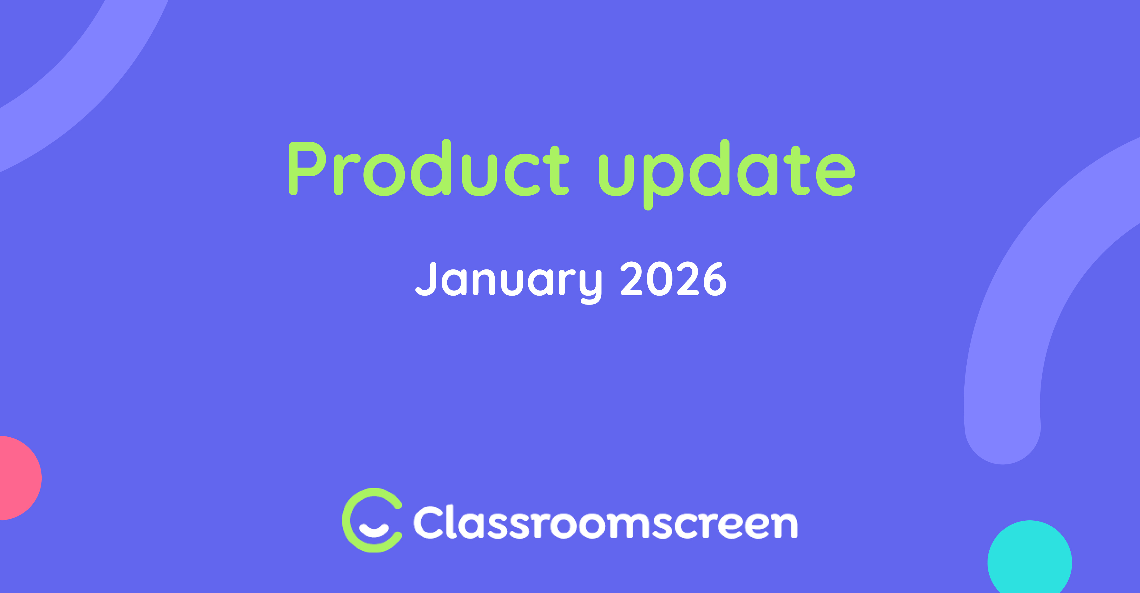 This image displays the text 'Product update: January 2026' on a dark indigo-colored background, with branded rounded curved lines and dots on the right-hand side of the image.