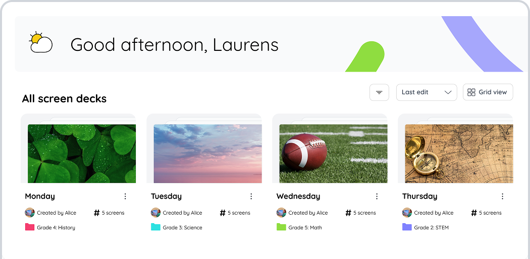 Dashboard showing weekly lesson plans for each weekday with preview images and subjects for each day.