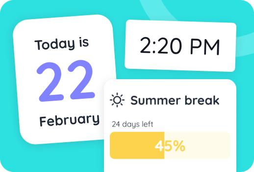 Widgets showing the date February 22, time 2:20 PM, and summer break progress at 45% with 24 days left.