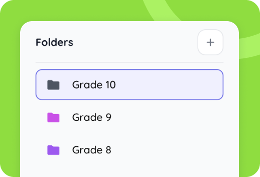 A digital folder menu displays folders for Grade 10, Grade 9, and Grade 8 on a green background.