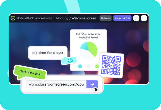 A quiz screen shows a poll, QR code, and a highlighted classroom app link ready to be shared.