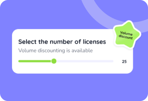 License selection slider with volume discount badge; slider is set to 25 licenses on a purple background.