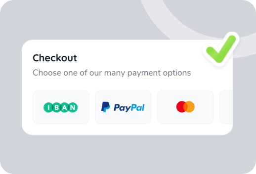 Checkout screen showing payment options: IBAN, PayPal, and Mastercard, with a green checkmark.