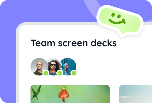 A website section titled Team screen decks with three profile photos of team members and a chat icon above.