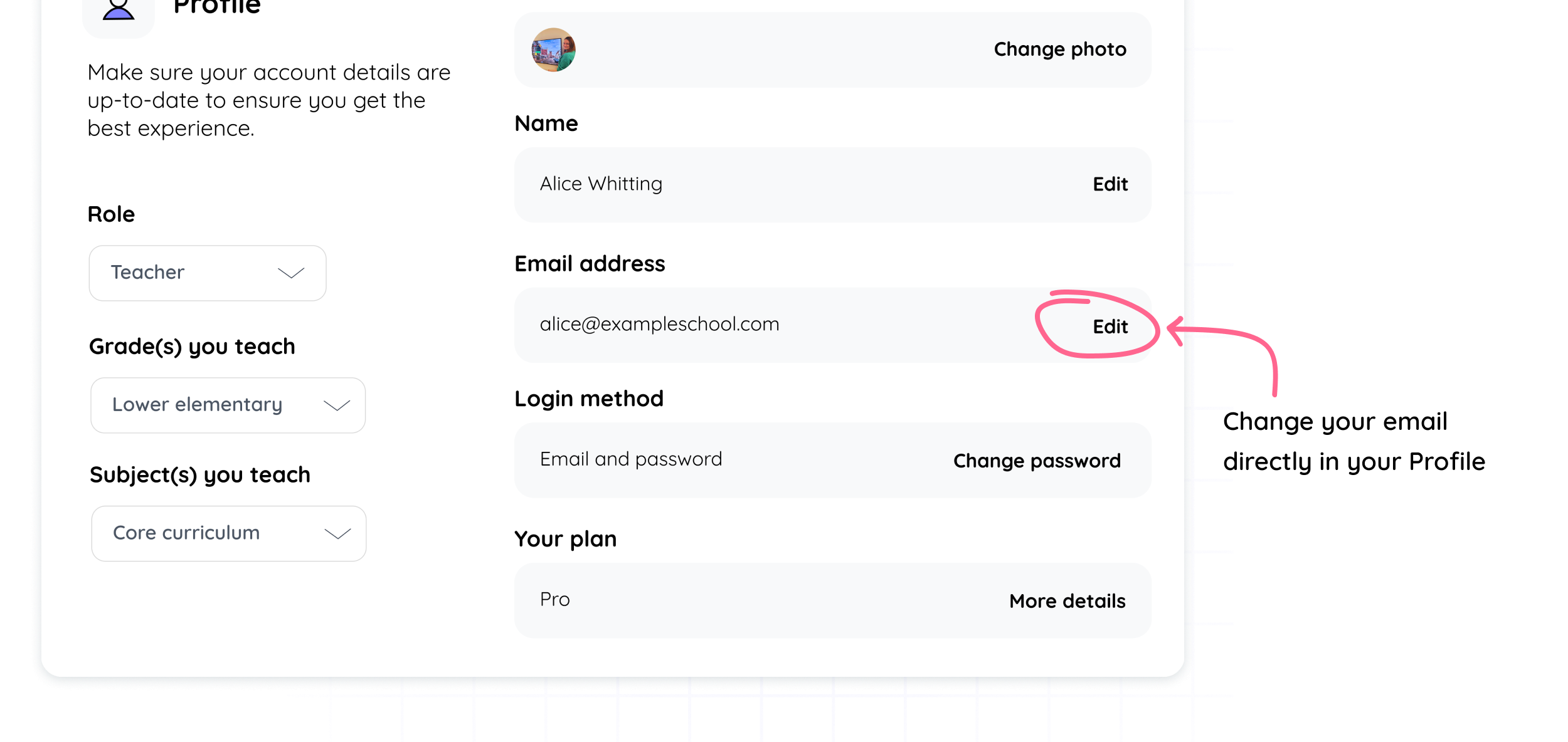 A profile settings page with an arrow pointing to the Edit button next to the email address.