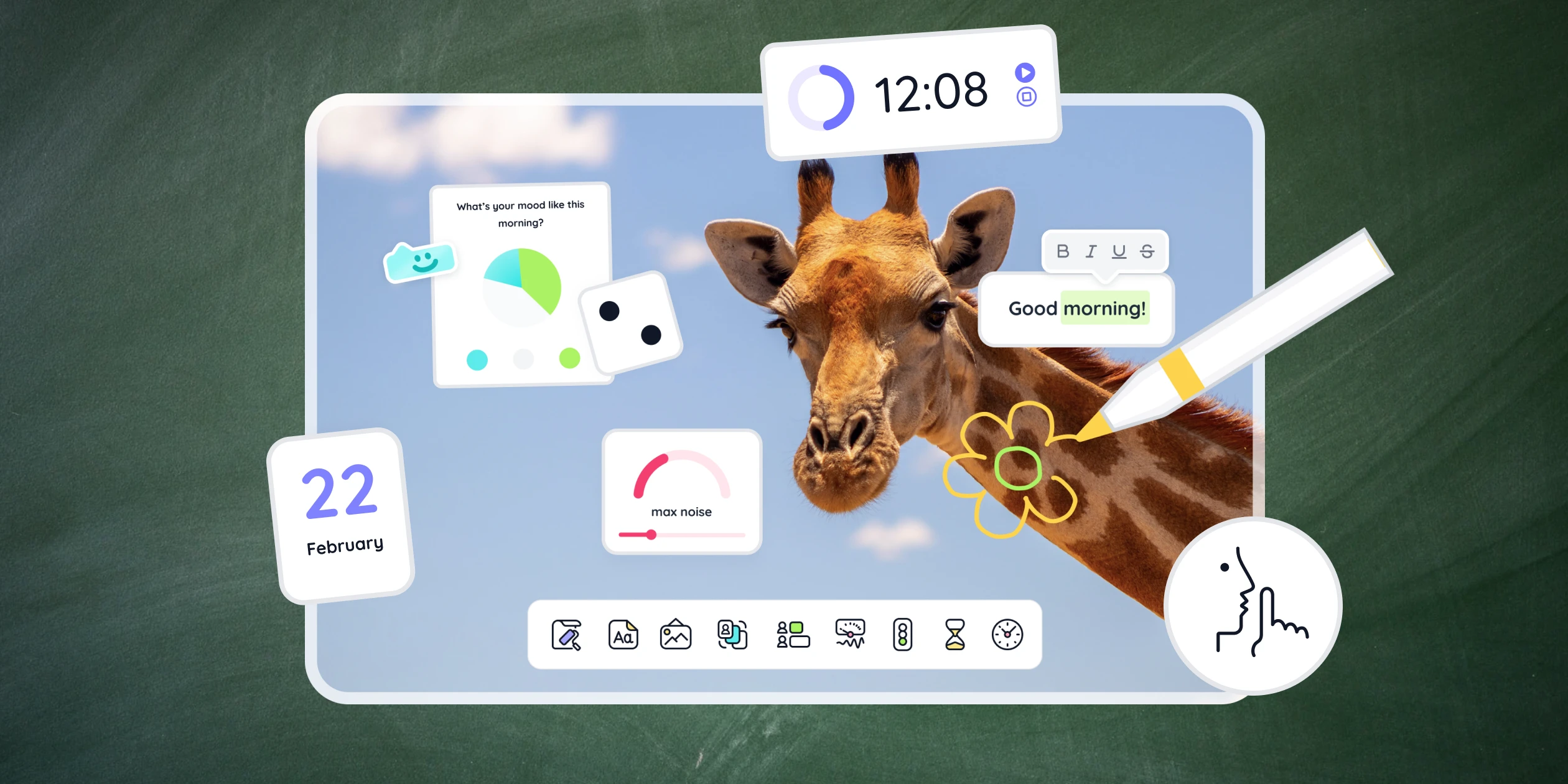 A digital classroom screen shows a giraffe, charts, icons, a clock, and a pen drawing on the image.
