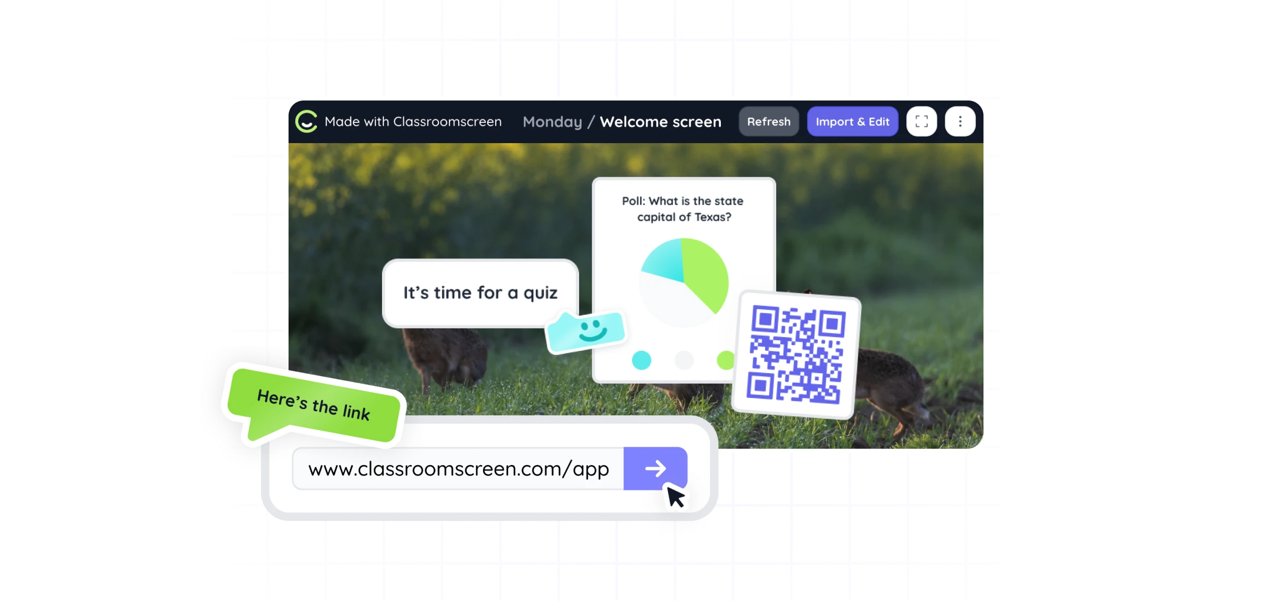A screen shows a quiz, pie chart, QR code, and a link to www.classroomscreen.com/app.